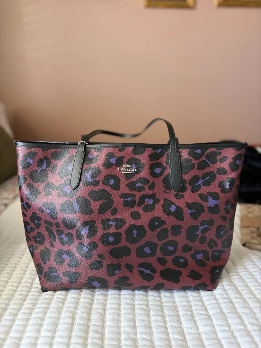 Coach Burgundy and Black Leopard Print Tote with Purple Accents